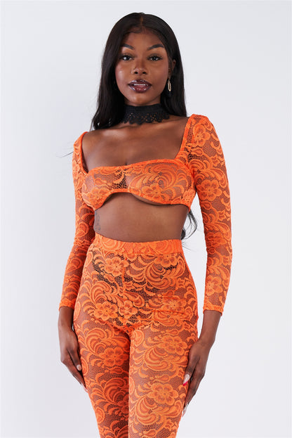 Sheer Floral Lace Crop Square Neck Top & High Waist Flare Pant Set