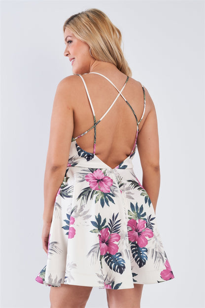 Plus Size Tropical Print Square Neckline Strappy Open Back Flare Mini Dress