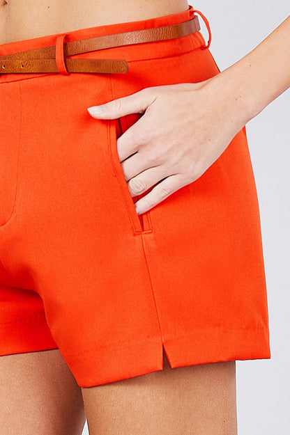 Front Slit Hem W/pocket And Belt Short Pants - Better Price Retail