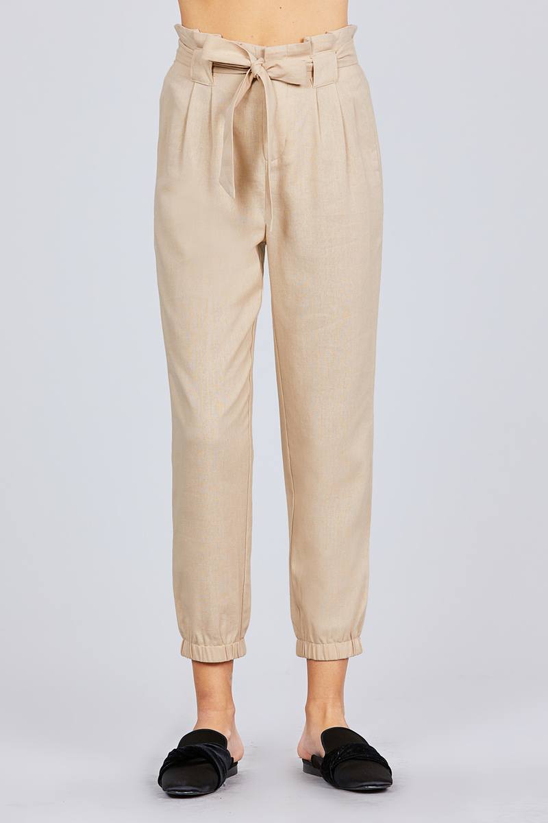 Paperbag W/bow Tie Elastic Hem Long Linen Pants - Better Price Retail