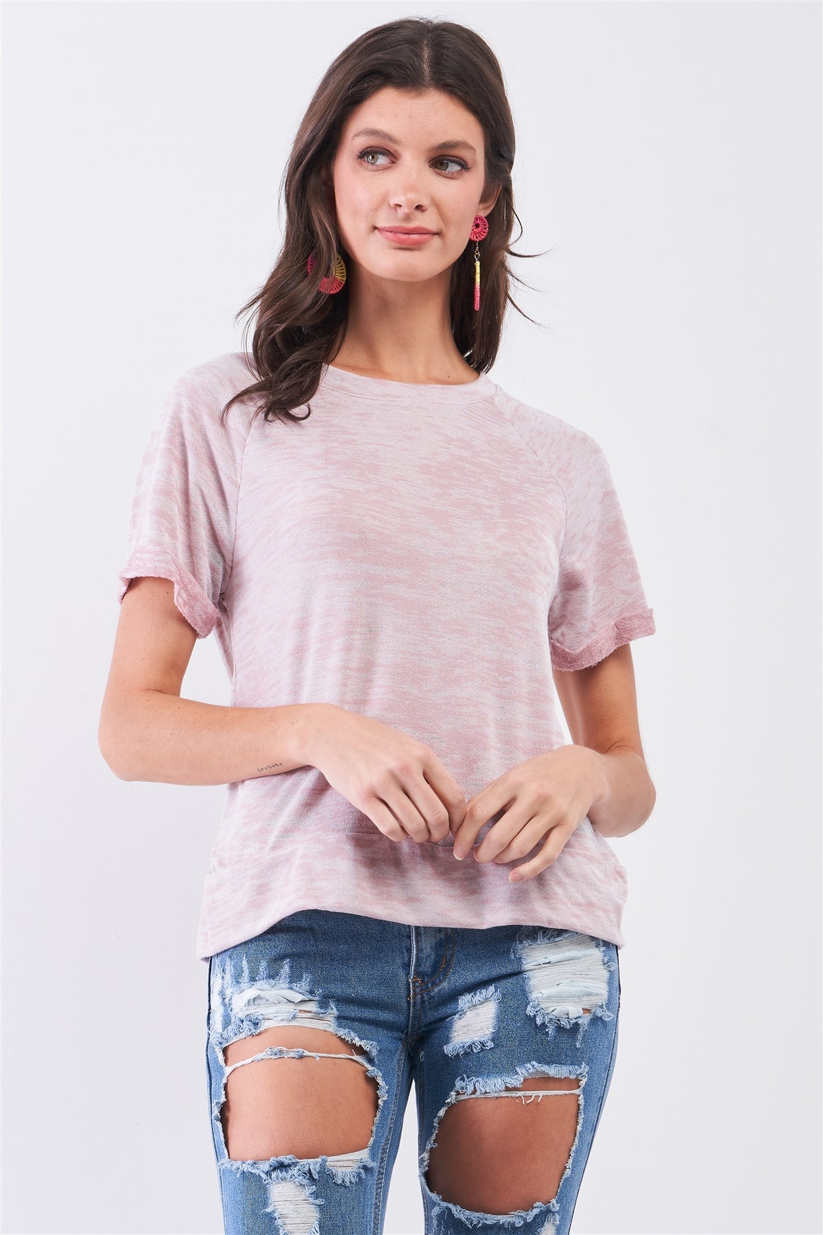Short Folded Sleeve Round Neck Relaxed Fit T-shirt Top - Better Price Retail